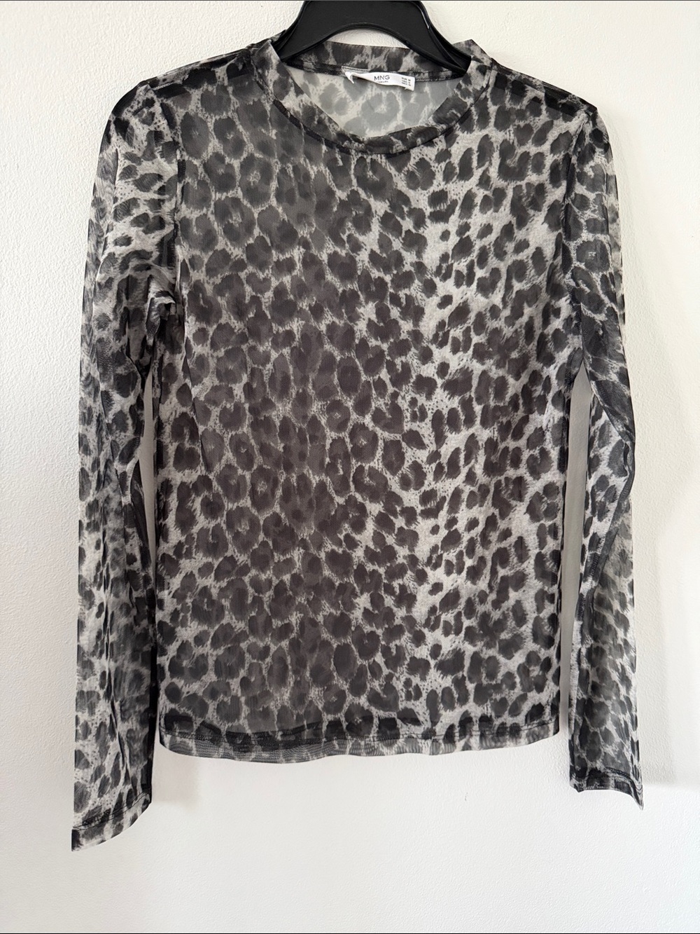 Mango Sheer Leopard-Print Long Sleeve Top in Gray and Black
